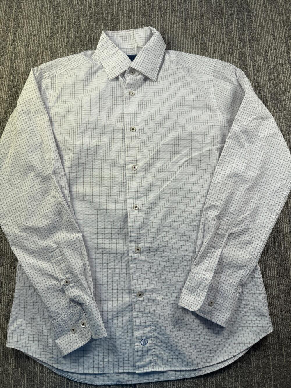 David Donahue Dress Shirt Mens L White Blue Check Regular Fit Woven LS Business